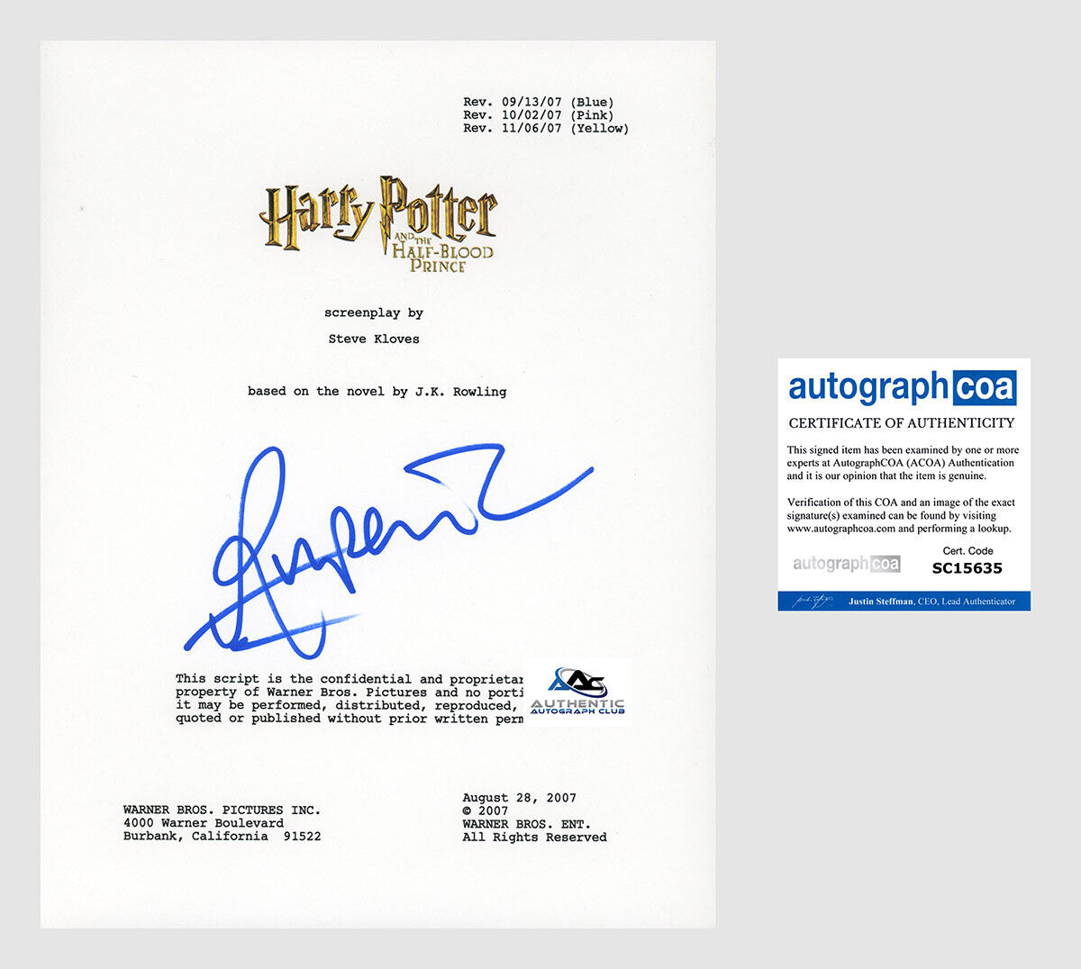 RUPERT GRINT AUTOGRAPH SIGNED HARRY POTTER HALF BLOOD PRINCE FULL SCRIPT ACOA