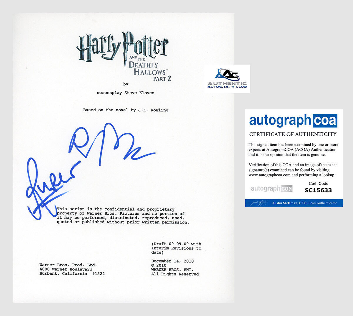 RUPERT GRINT RALPH FIENNES AUTOGRAPH SIGNED HARRY POTTER DEATHLY HALLOWS SCRIPT