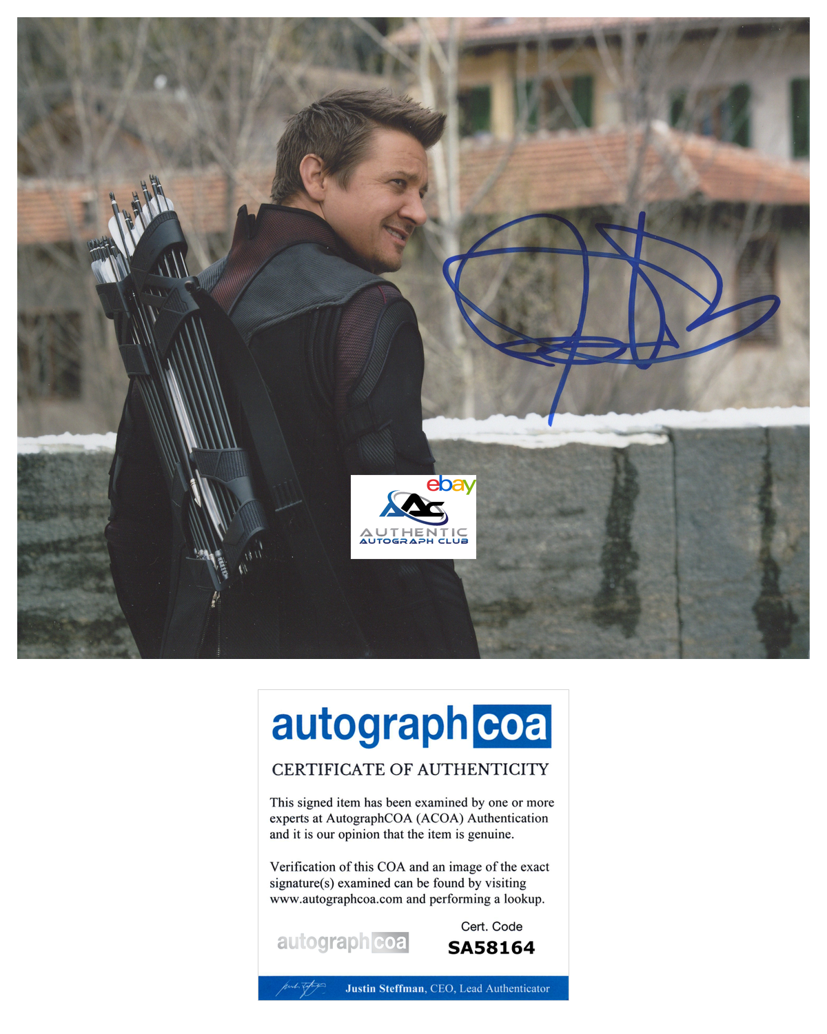 JEREMY RENNER AUTOGRAPH SIGNED 8x10 PHOTO MARVEL AVENGERS HAWKEYE ACOA COA