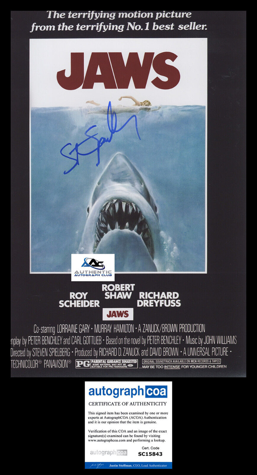 STEVEN SPIELBERG AUTOGRAPH SIGNED 12x18 PHOTO POSTER JAWS ACOA