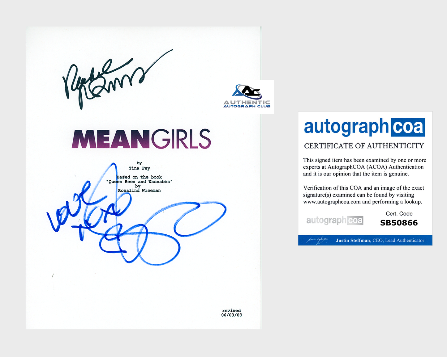 LINDSAY LOHAN AND RACHEL MCADAMS AUTOGRAPH SIGNED MEAN GIRLS FULL SCRIPT ACOA