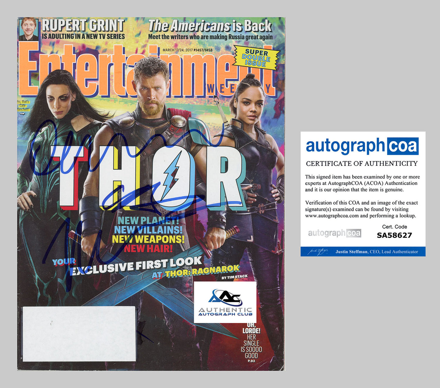 CHRIS HEMSWORTH, BLANCHETT, THOMPSON AUTOGRAPH SIGNED EW MAGAZINE THOR RAGNAROK ACOA