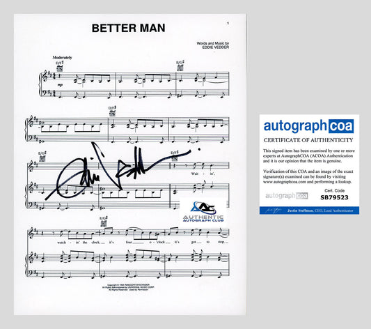 EDDIE VEDDER AUTOGRAPH SIGNED BETTER MAN SHEET MUSIC ACOA