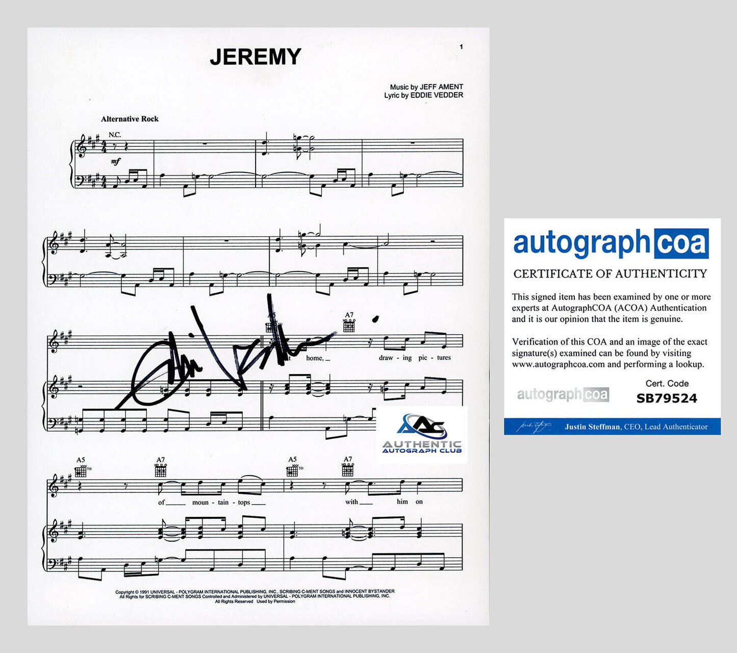 EDDIE VEDDER AUTOGRAPH SIGNED JEREMY PEARL JAM SHEET MUSIC ACOA