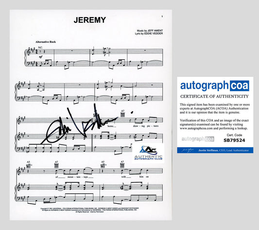 EDDIE VEDDER AUTOGRAPH SIGNED JEREMY PEARL JAM SHEET MUSIC ACOA