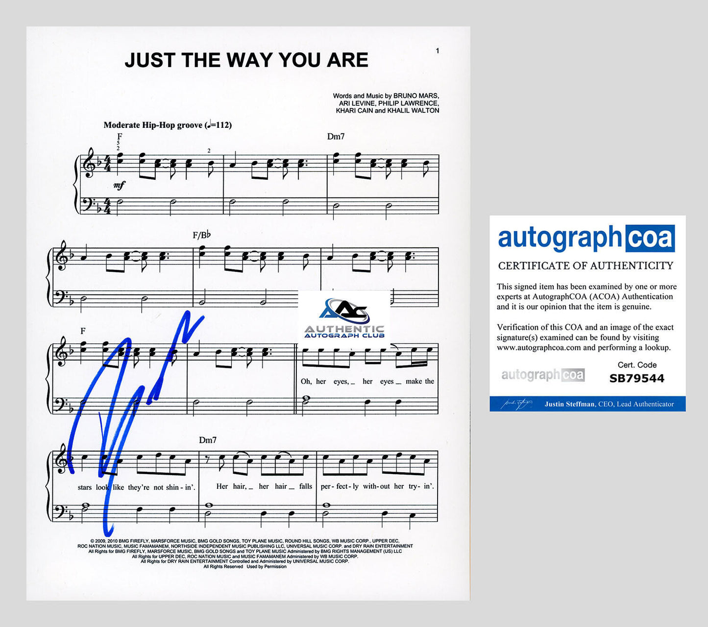 BRUNO MARS AUTOGRAPH SIGNED JUST THE WAY YOU ARE SHEET MUSIC ACOA