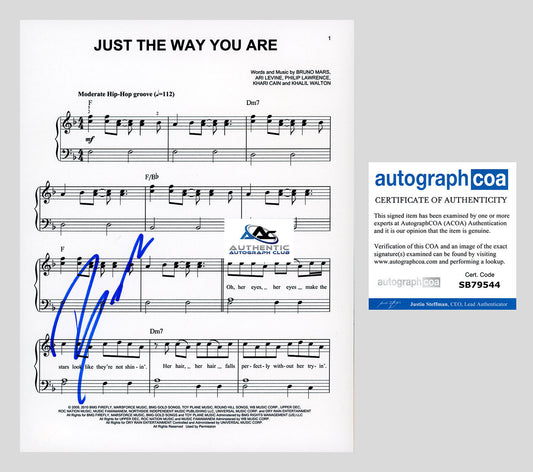 BRUNO MARS AUTOGRAPH SIGNED JUST THE WAY YOU ARE SHEET MUSIC ACOA