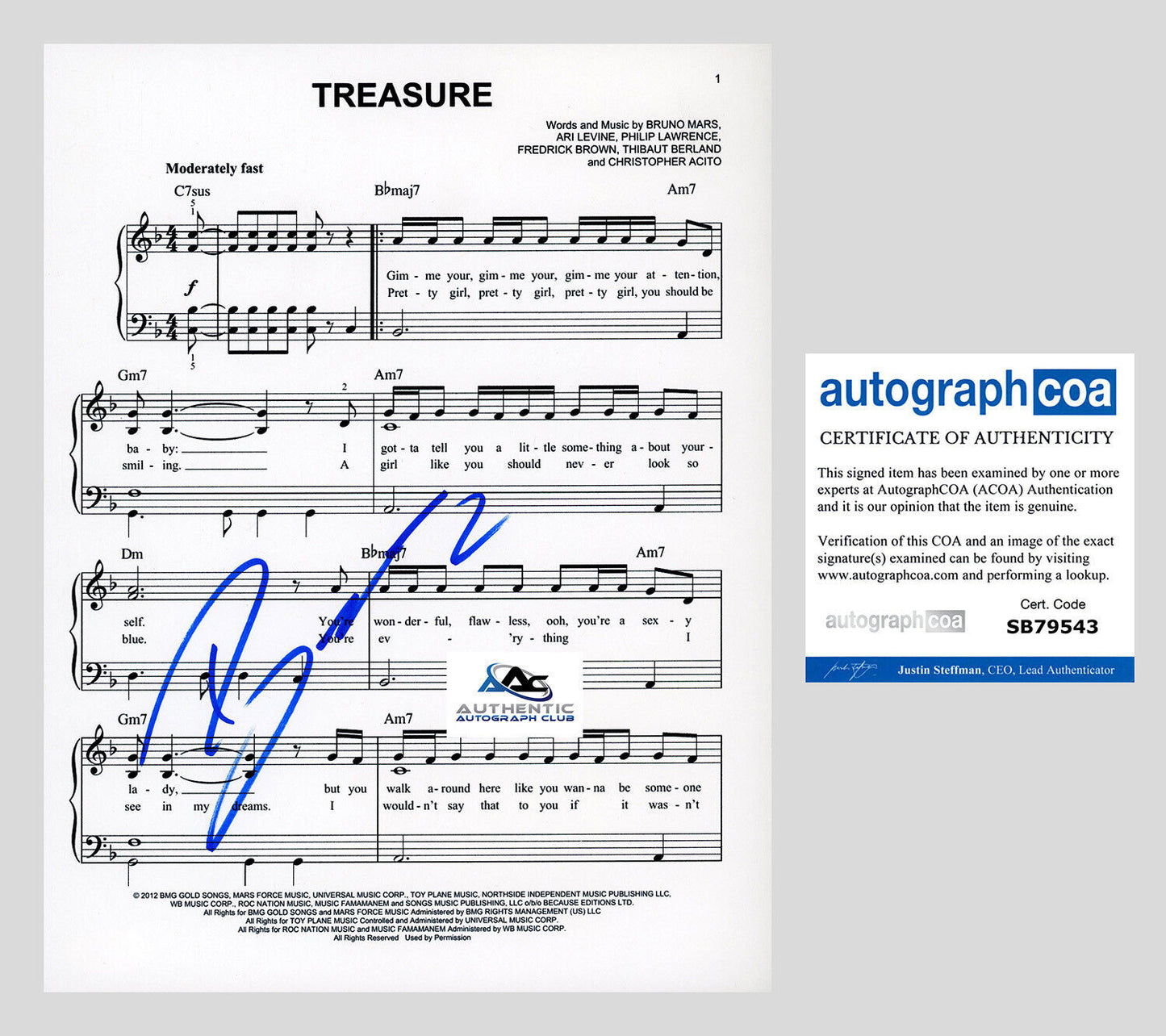 BRUNO MARS AUTOGRAPH SIGNED TREASURE SHEET MUSIC ACOA