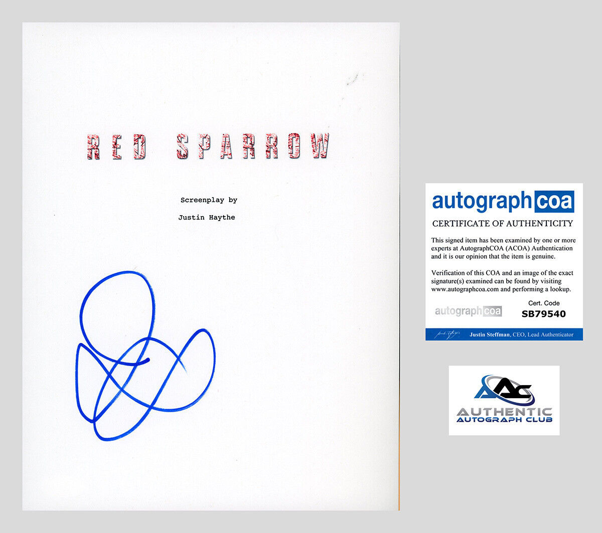 JENNIFER LAWRENCE AUTOGRAPH SIGNED RED SPARROW FULL SCRIPT ACOA