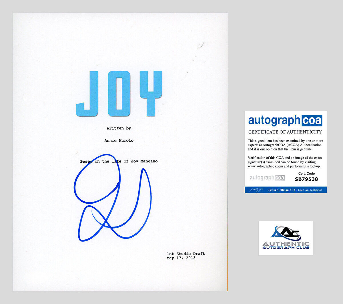 JENNIFER LAWRENCE AUTOGRAPH SIGNED JOY FULL SCRIPT ACOA