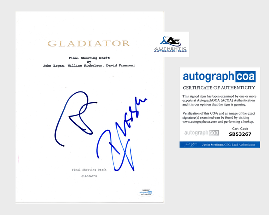 RIDLEY SCOTT AND RUSSELL CROWE AUTOGRAPH SIGNED GLADIATOR SCRIPT ACOA