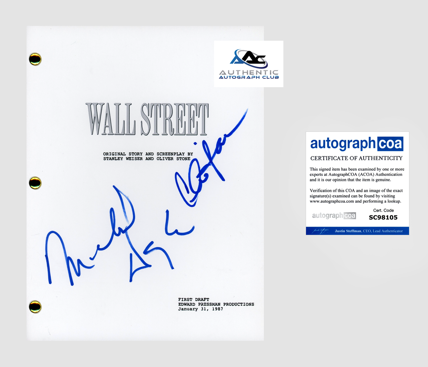 MICHAEL DOUGLAS AND CHARLIE SHEEN AUTOGRAPH SIGNED WALL STREET FULL SCRIPT ACOA