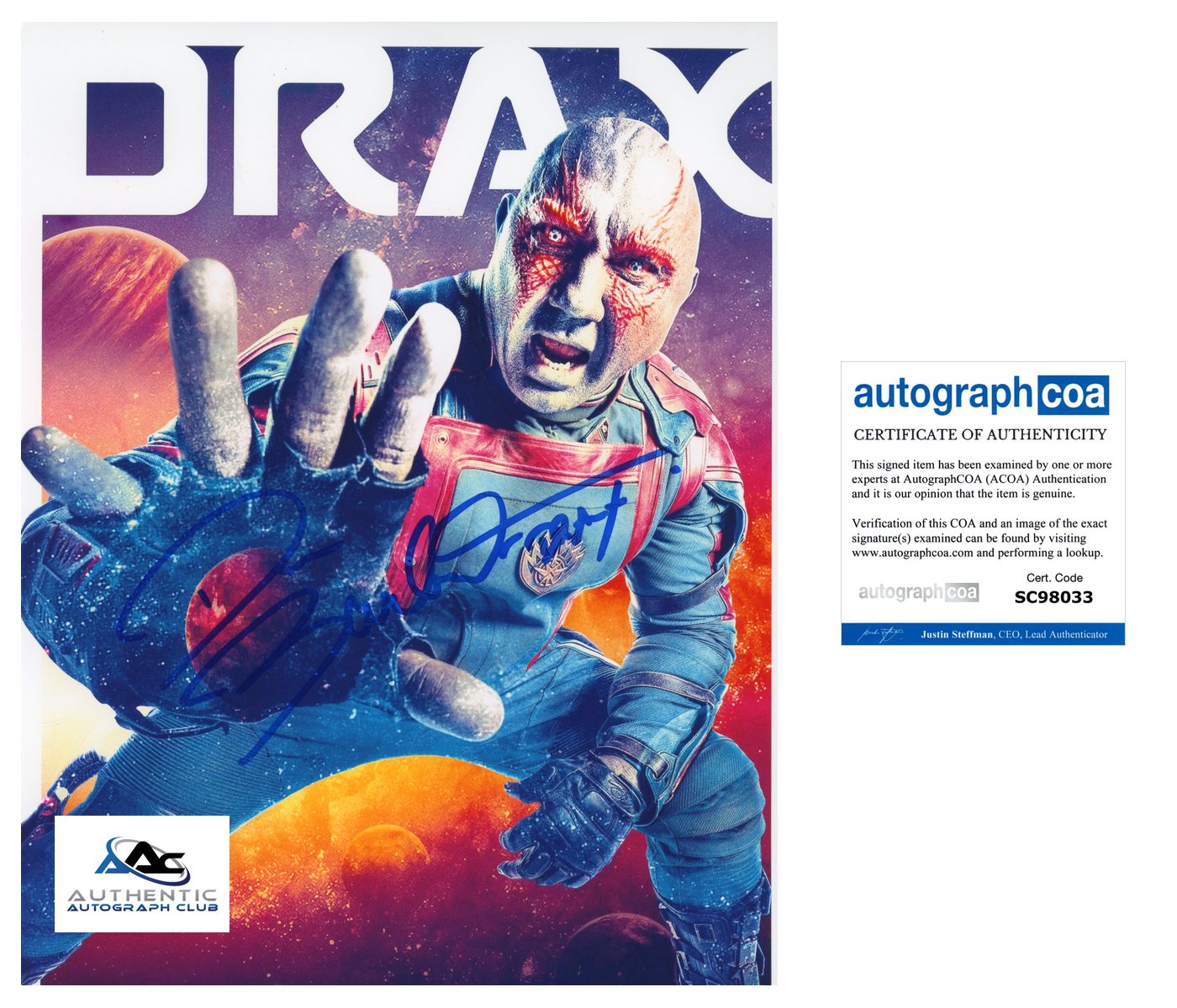 DAVE BAUTISTA AUTOGRAPH SIGNED 8X10 PHOTO GOTG DRAX WWE WRESTLER ACOA