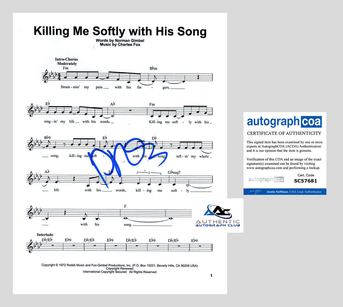 PRAS AUTOGRAPH SIGNED KILLING ME SOFTLY WITH HIS SONG FUGEES SHEET MUSIC ACOA