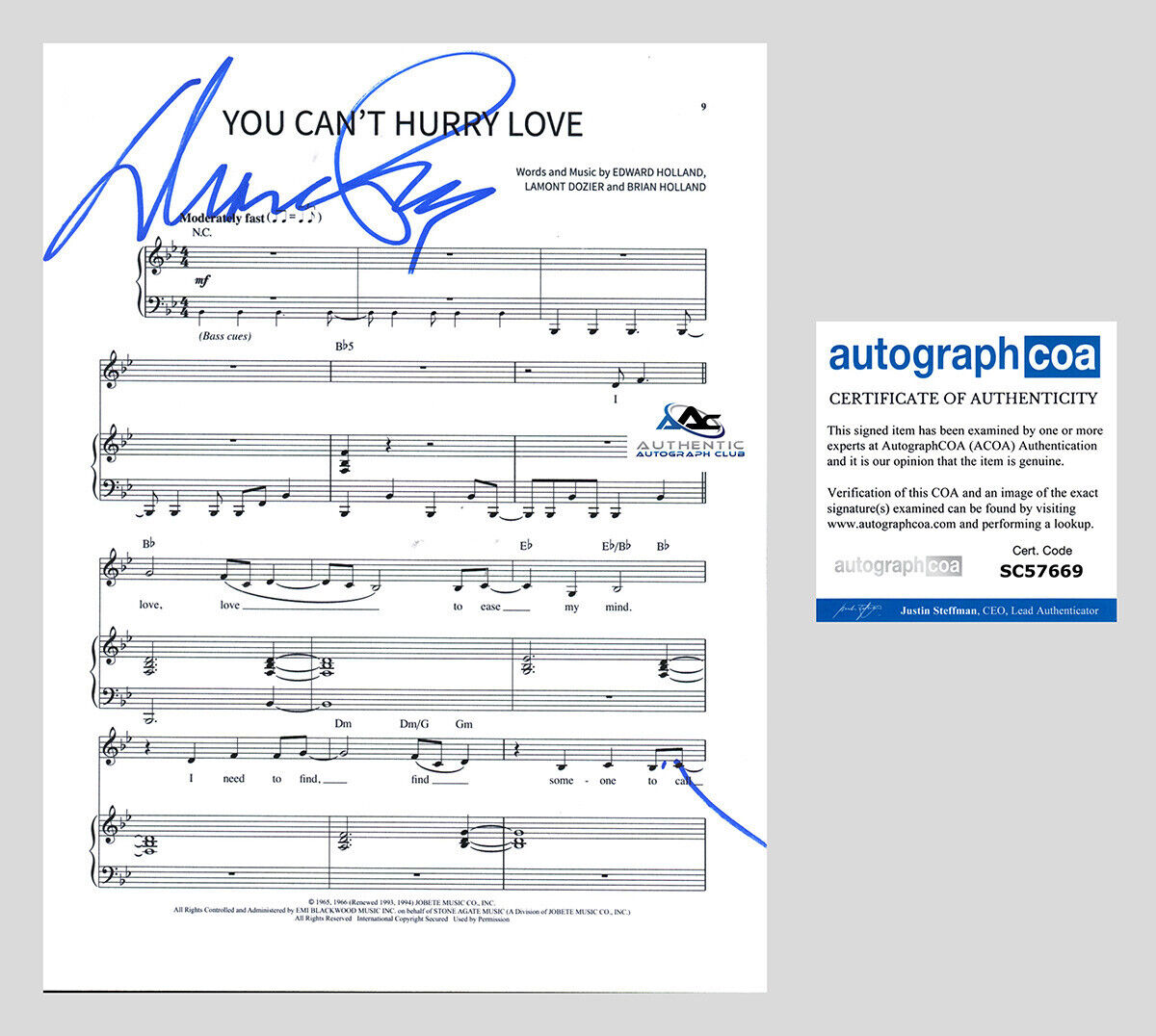 DIANA ROSS AUTOGRAPH SIGNED YOU CAN'T HURRY LOVE SHEET MUSIC ACOA