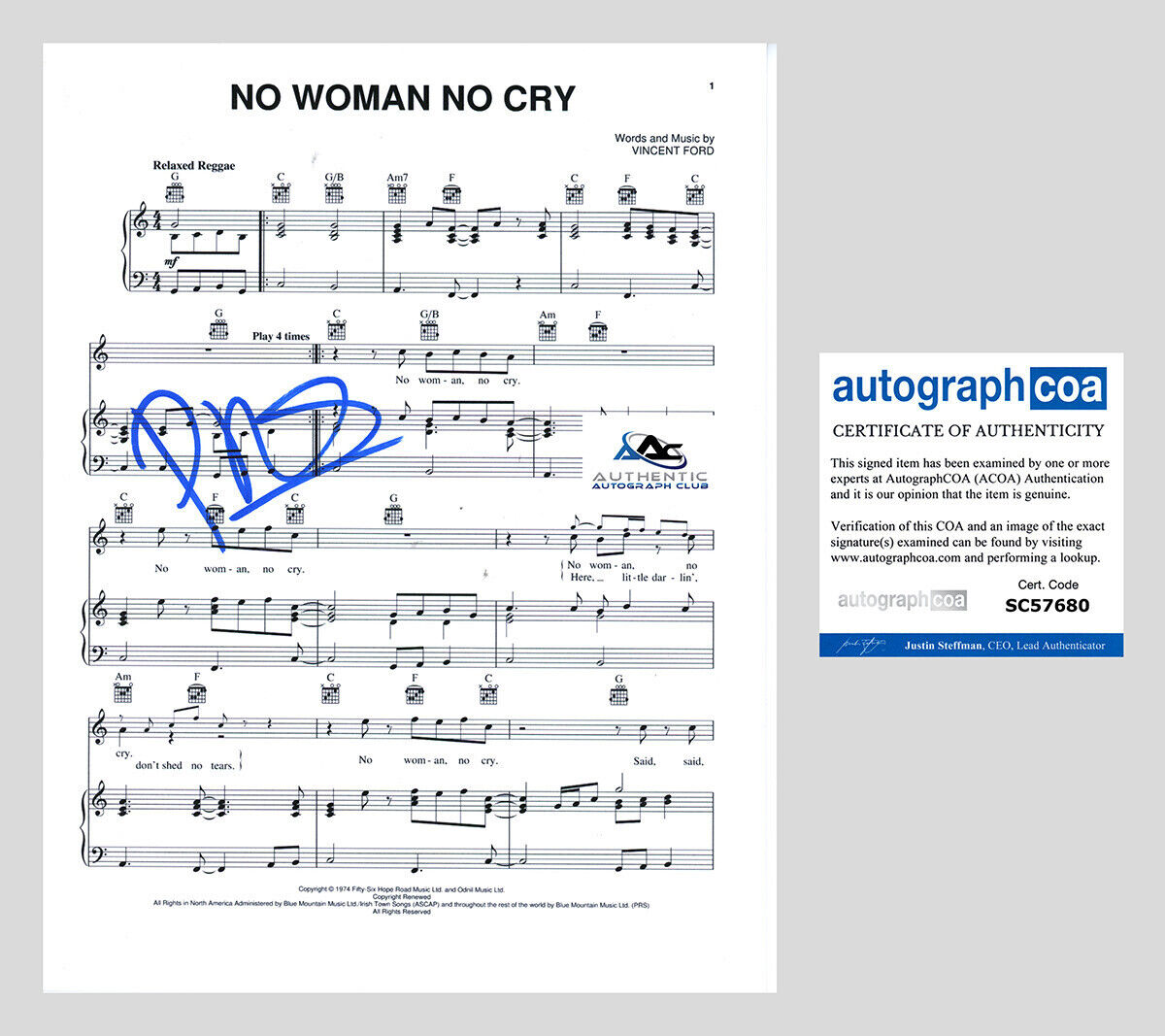 PRAS AUTOGRAPH SIGNED NO WOMAN NO CRY FUGEES SHEET MUSIC ACOA