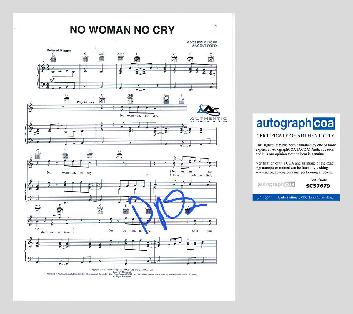 PRAS AUTOGRAPH SIGNED NO WOMAN NO CRY FUGEES SHEET MUSIC ACOA