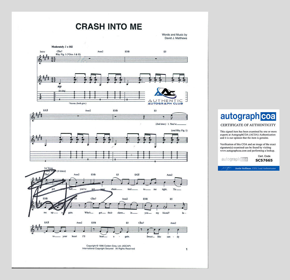 DAVE MATTHEWS AUTOGRAPH SIGNED CRASH INTO ME SHEET MUSIC ACOA