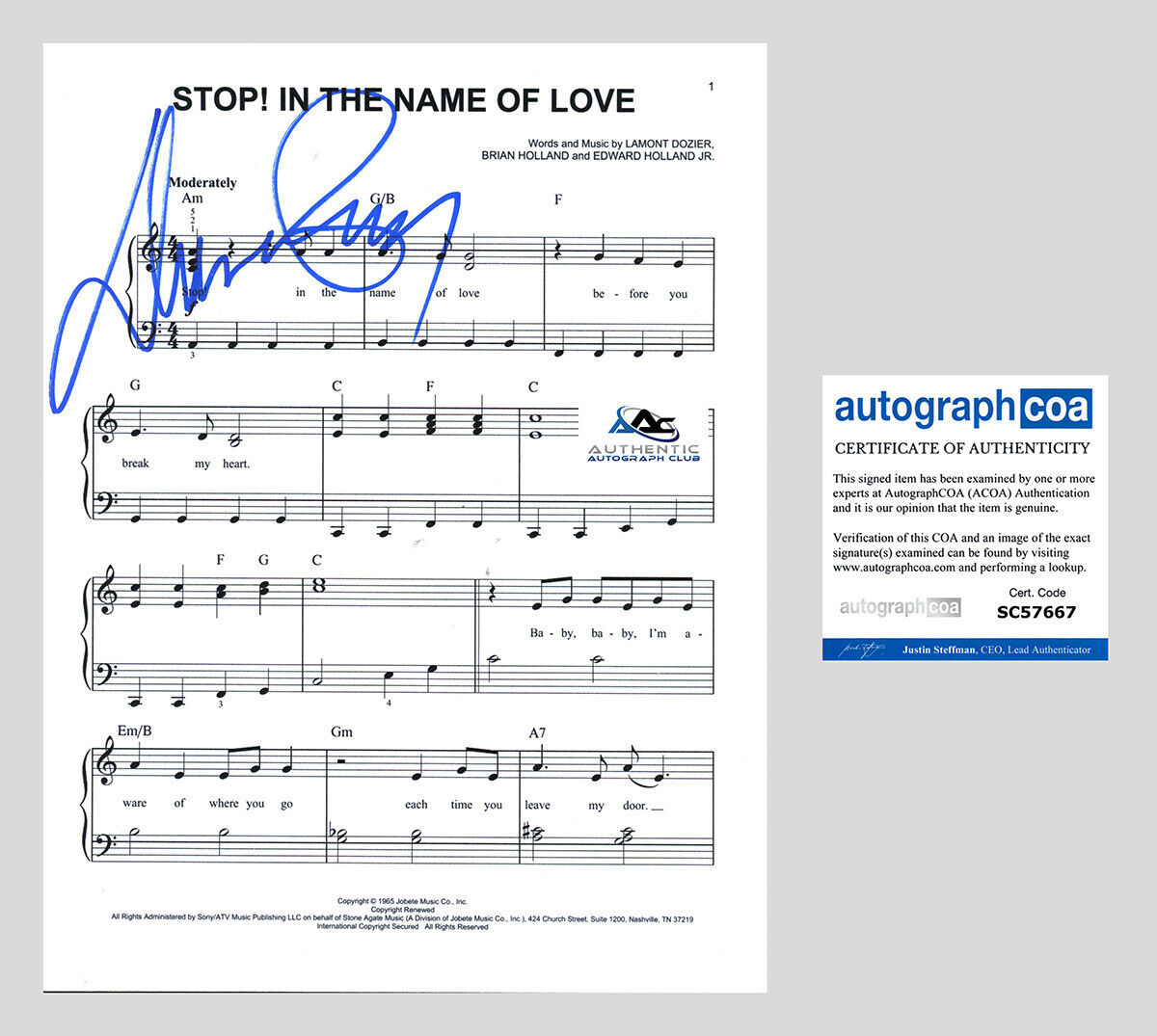 DIANA ROSS AUTOGRAPH SIGNED STOP IN THE NAME OF LOVE SHEET MUSIC ACOA