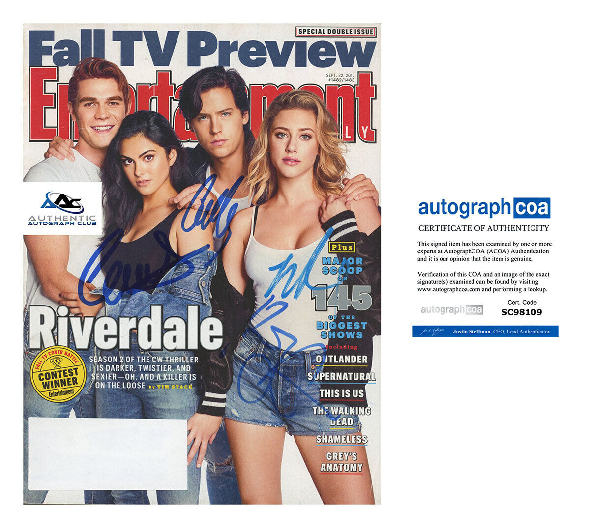 RIVERDALE CAST MENDES SPROUSE APA REINHART AAUTOGRAPH SIGNED EW MAGAZINE ACOA