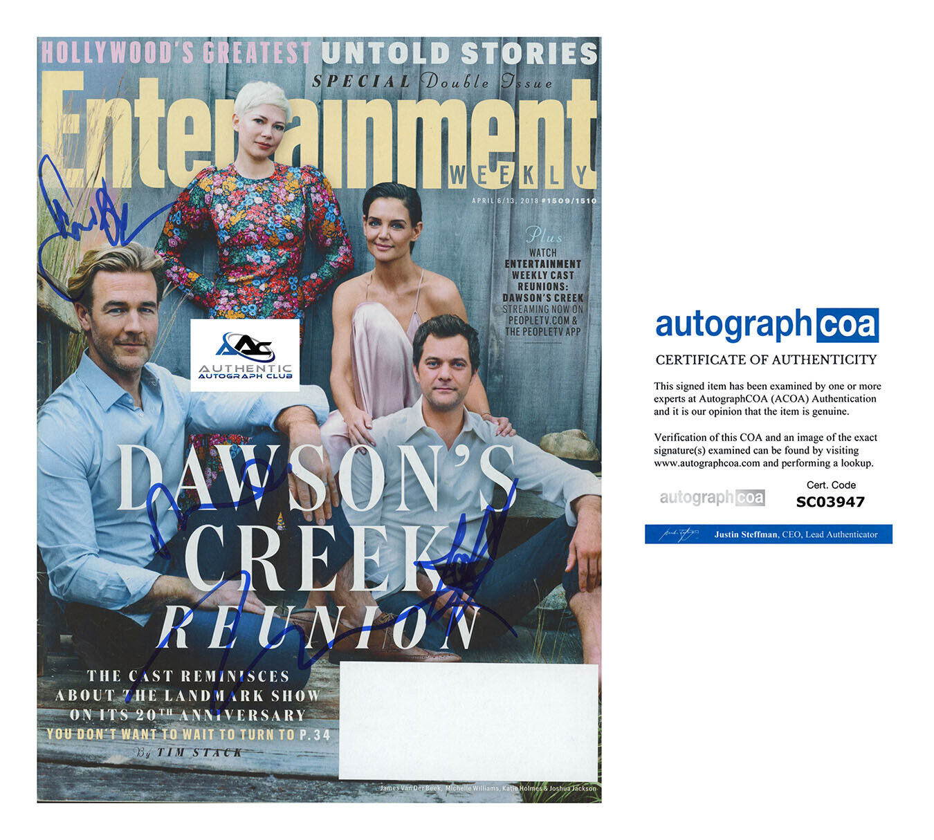 KATIE HOLMES MICHELLE JOSHUA AUTOGRAPH SIGNED EW MAG DAWSON'S CREEK CAST ACOA