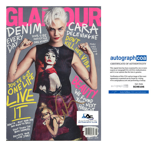 CARA DELEVINGNE AUTOGRAPH SIGNED GLAMOUR MAGAZINE ACOA