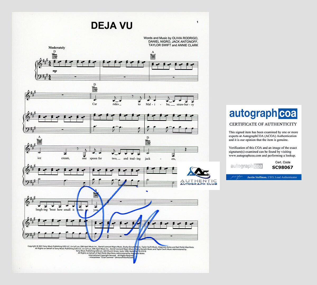 OLIVIA RODRIGO AUTOGRAPH SIGNED DEJA VU SHEET MUSIC ACOA