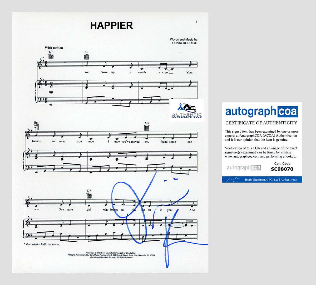 OLIVIA RODRIGO AUTOGRAPH SIGNED HAPPIER SHEET MUSIC ACOA