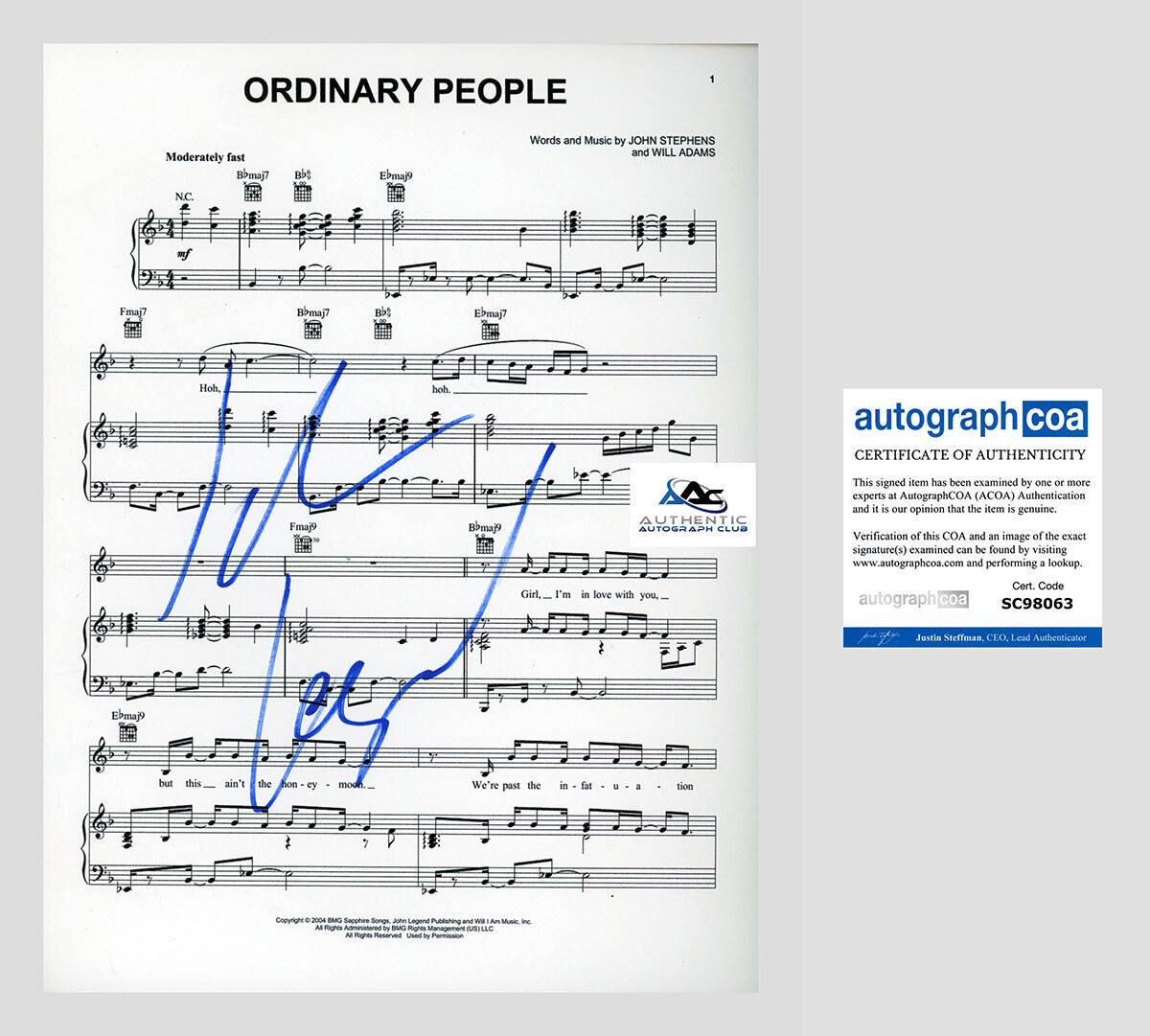 JOHN LEGEND AUTOGRAPH SIGNED ORDINARY PEOPLE SHEET MUSIC ACOA