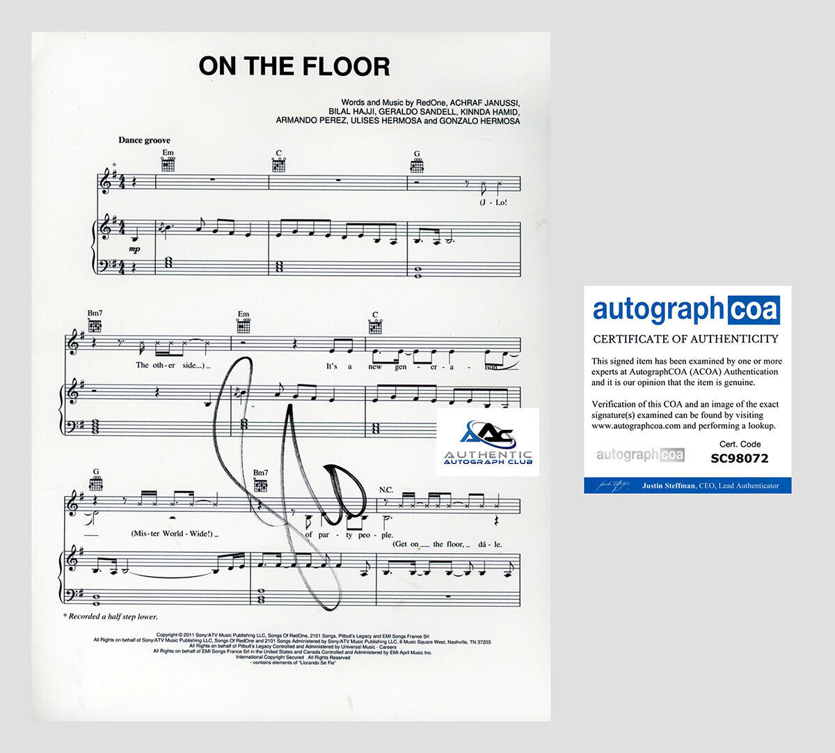 JENNIFER LOPEZ AUTOGRAPH SIGNED ON THE FLOOR SHEET MUSIC ACOA