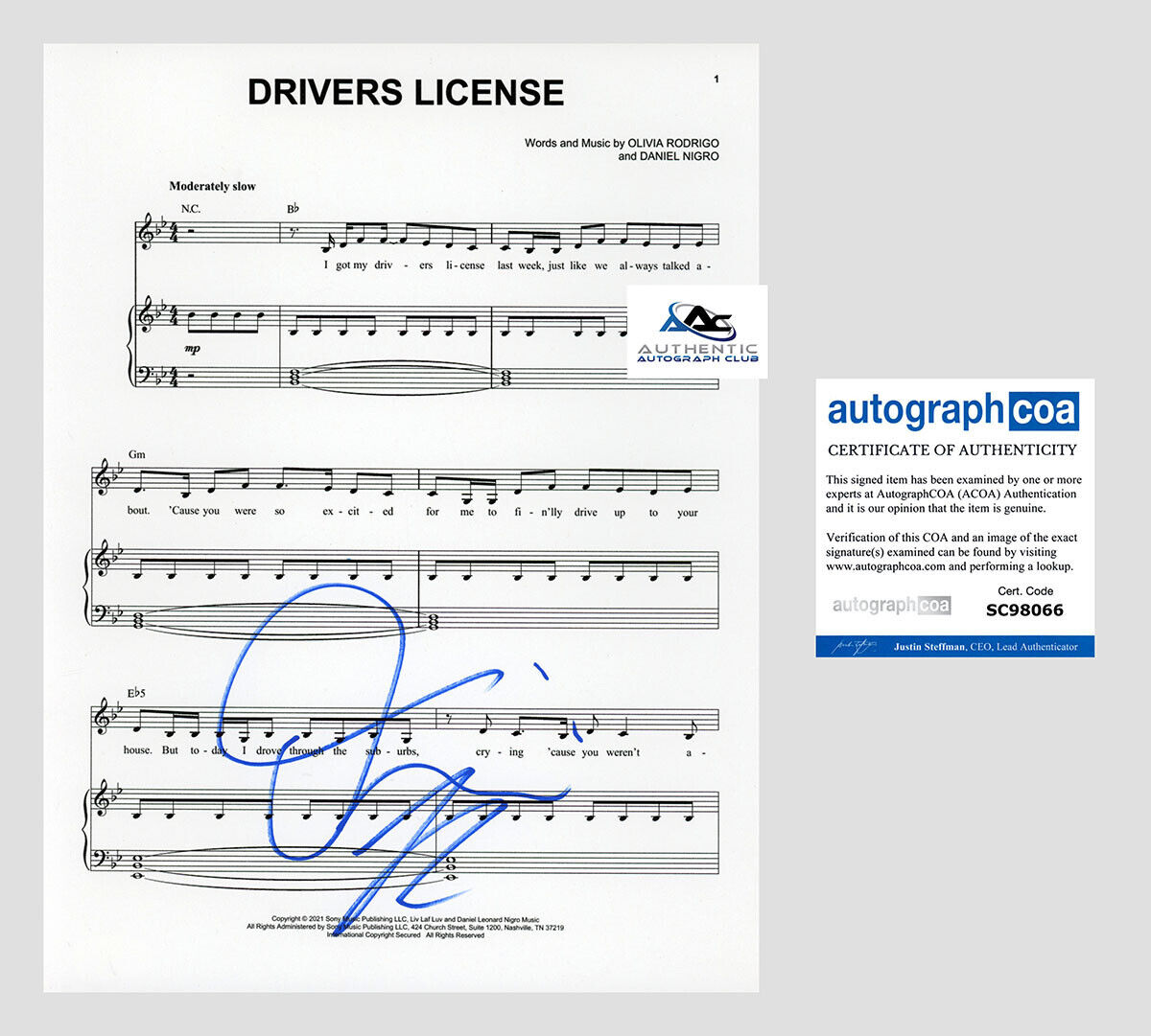 OLIVIA RODRIGO AUTOGRAPH SIGNED DRIVERS LICENSE SHEET MUSIC ACOA