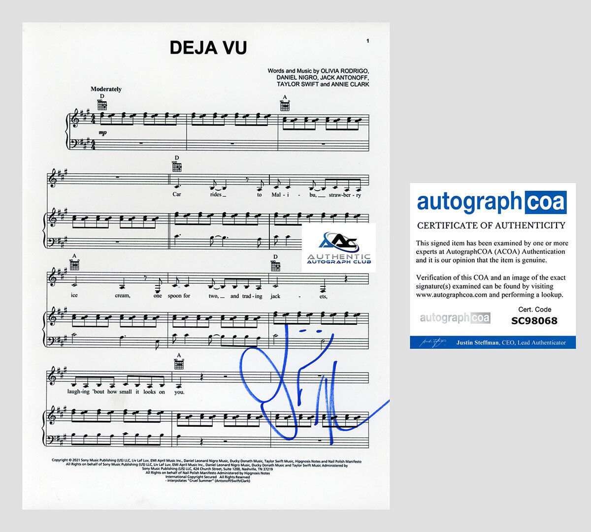 OLIVIA RODRIGO AUTOGRAPH SIGNED DEJA VU SHEET MUSIC ACOA