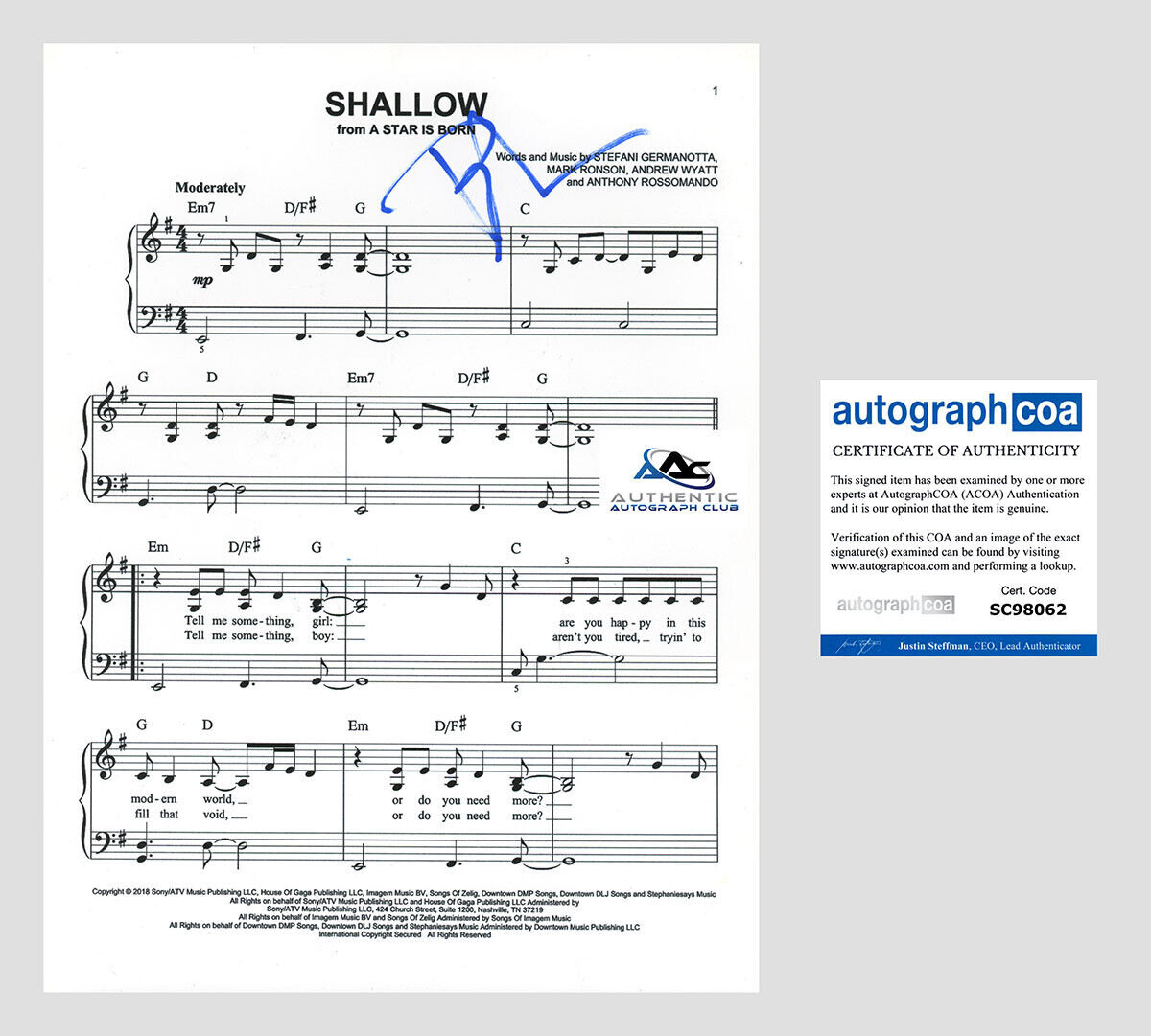 BRADLEY COOPER AUTOGRAPH SIGNED SHALLOW STAR IS BORN SHEET MUSIC ACOA