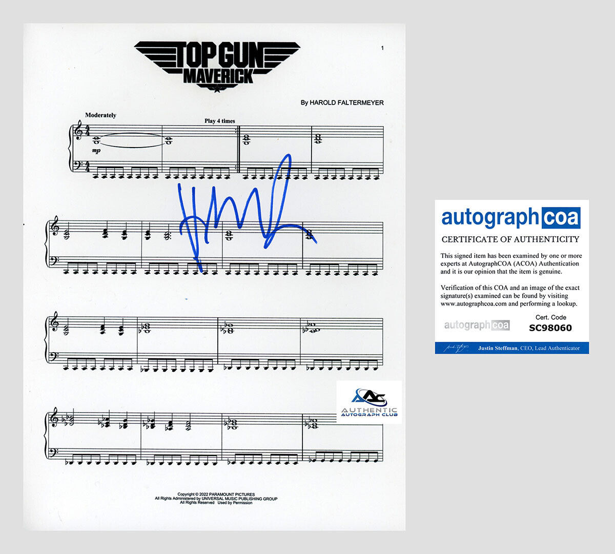 COMPOSER HANS ZIMMER AUTOGRAPH SIGNED TOP GUN MAVERICK SHEET MUSIC ACOA