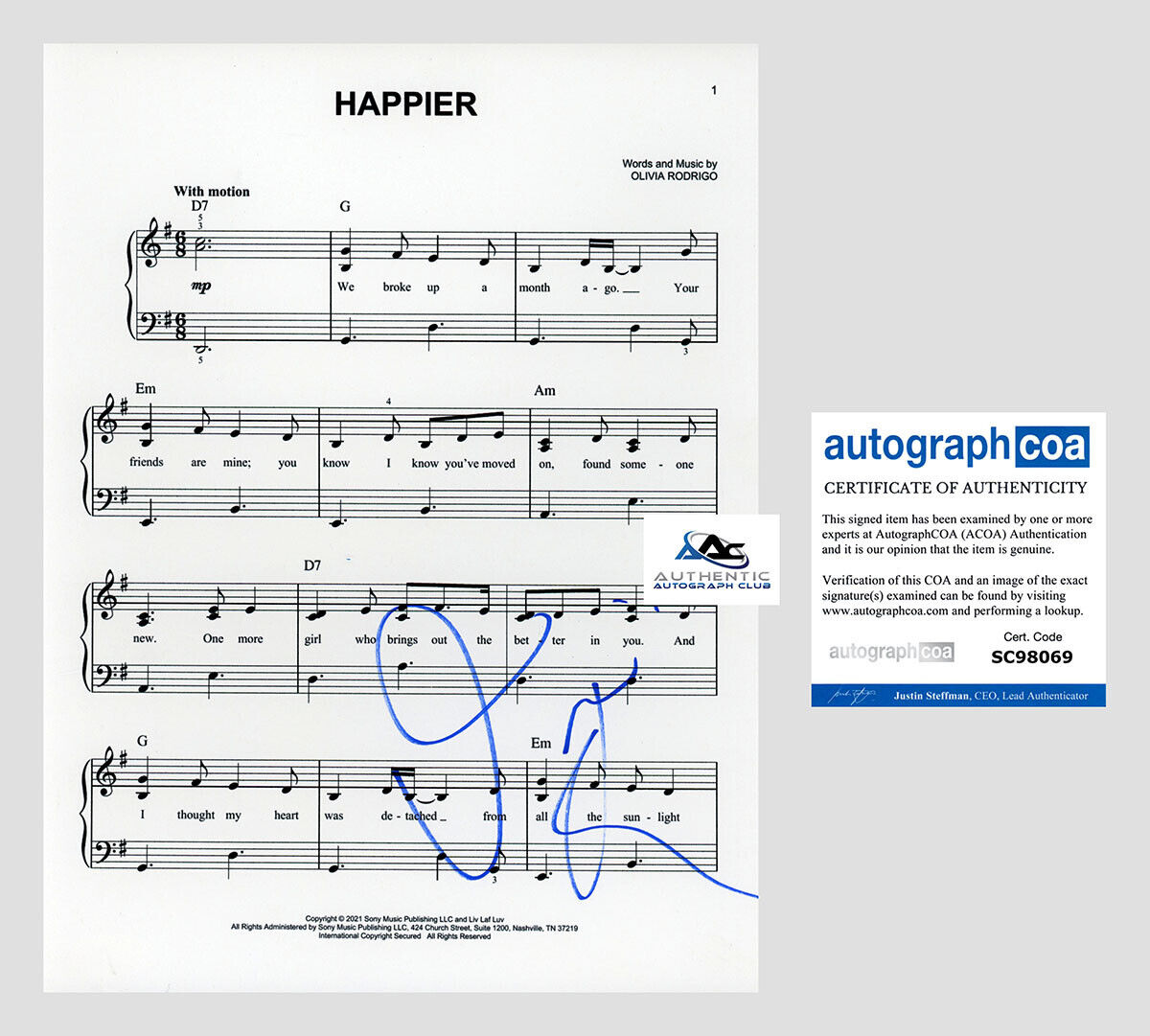 OLIVIA RODRIGO AUTOGRAPH SIGNED HAPPIER SHEET MUSIC ACOA