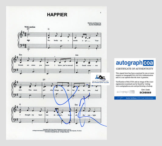 OLIVIA RODRIGO AUTOGRAPH SIGNED HAPPIER SHEET MUSIC ACOA