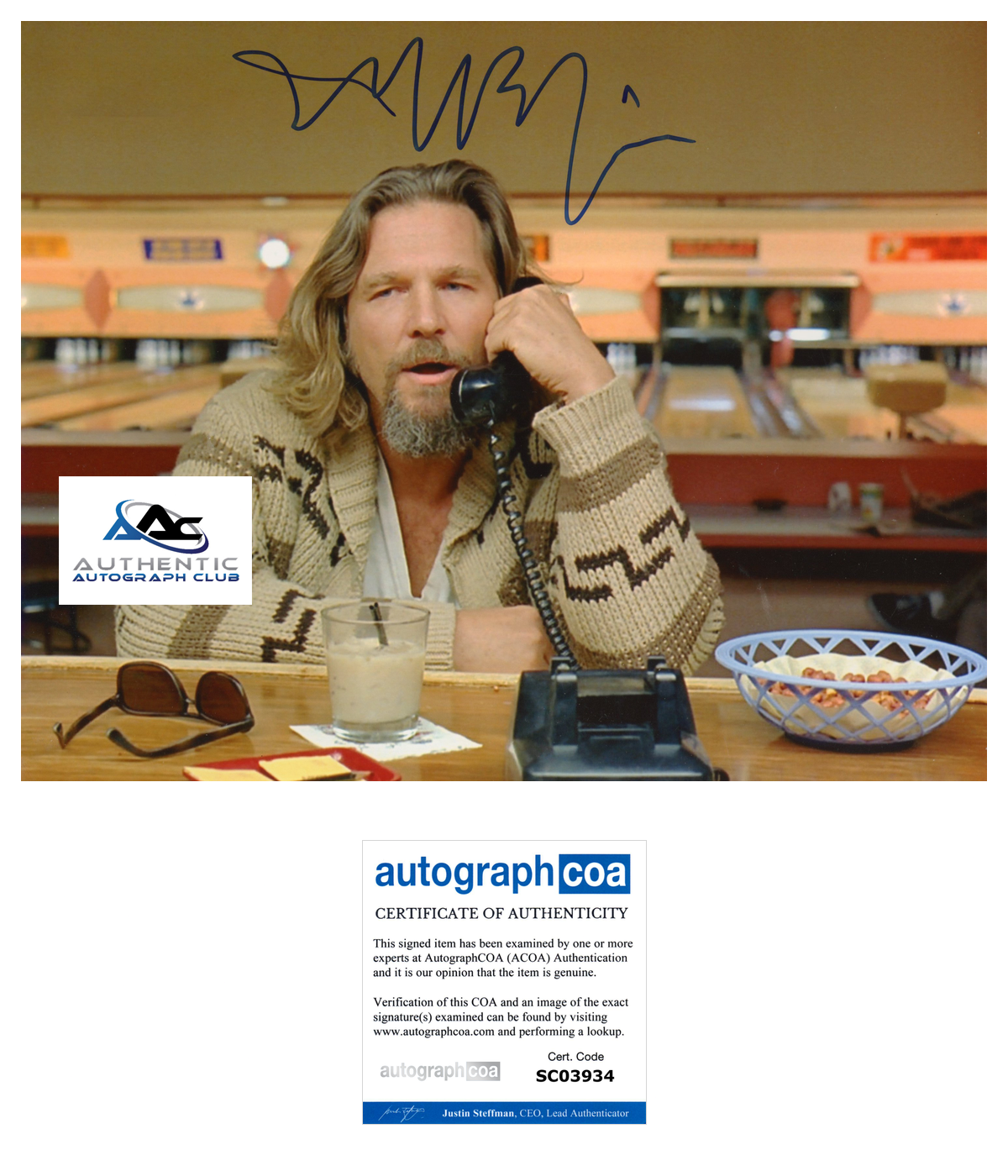 JEFF BRIDGES AUTOGRAPH SIGNED 8X10 PHOTO THE BIG LEBOWSKI ACOA