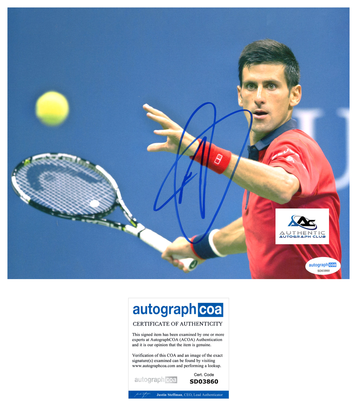 NOVAK DJOKOVIC AUTOGRAPH SIGNED 8X10 PHOTO US OPEN WIMBLEDON TENNIS CHAMPION ACOA