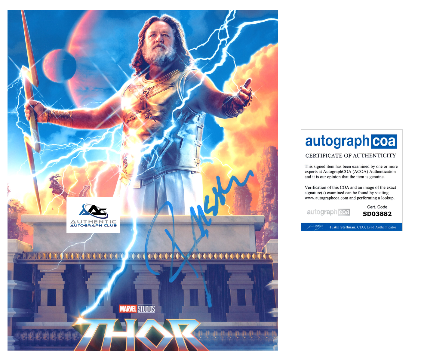 RUSSELL CROWE AUTOGRAPH SIGNED 8x10 PHOTO THOR LOVE AND THUNDER ZEUS ACOA