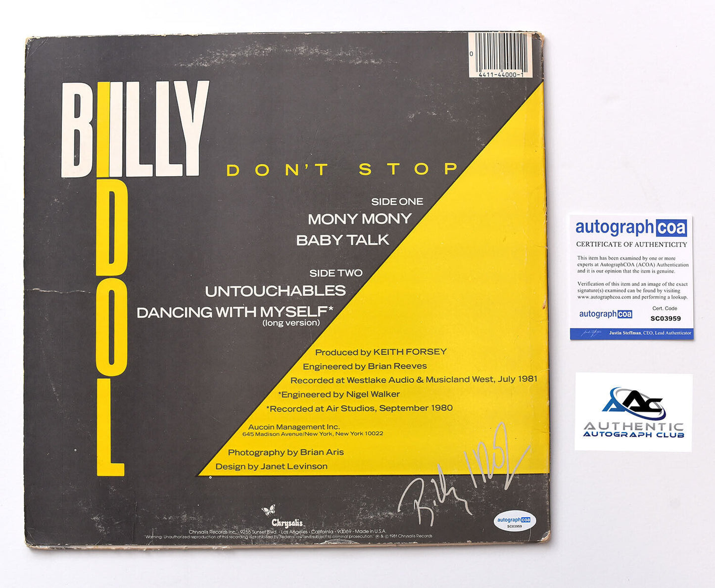 BILLY IDOL AUTOGRAPH SIGNED DON'T STOP ALBUM VINYL LP RECORD ACOA