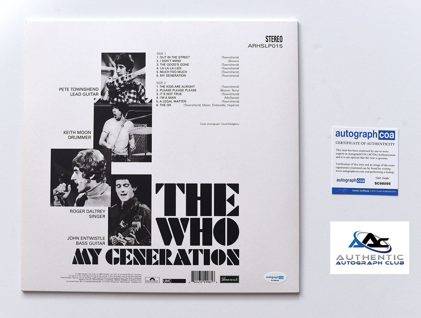 ROGER DALTREY PETE TOWNSHEND AUTOGRAPH SIGNED THE WHO MY GENERATION RECORD ACOA