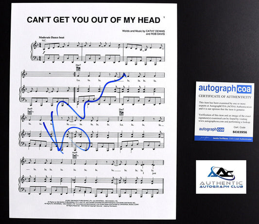 KYLIE MINOGUE AUTOGRAPH SIGNED SHEET MUSIC CAN'T GET YOU OUT OF MY HEAD ACOA