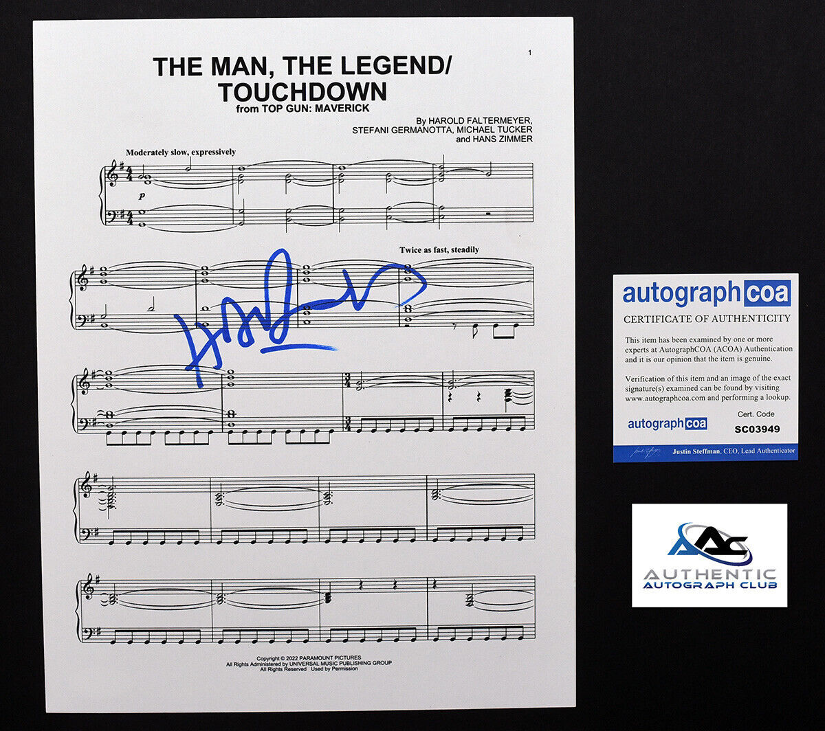 COMPOSER HANS ZIMMER AUTOGRAPH SIGNED TOP GUN MAVERICK SHEET MUSIC ACOA