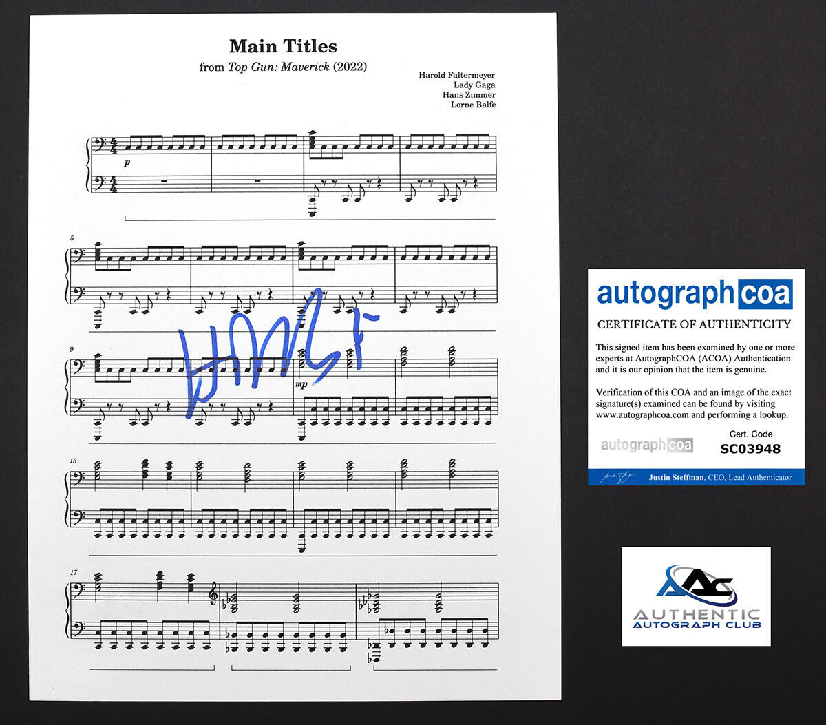 COMPOSER HANS ZIMMER AUTOGRAPH SIGNED TOP GUN MAVERICK SHEET MUSIC ACOA