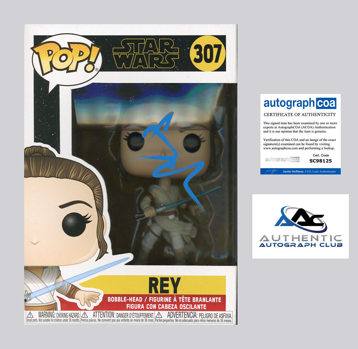 DAISY RIDLEY AUTOGRAPH SIGNED STAR WARS REY FUNKO POP 307 ACOA