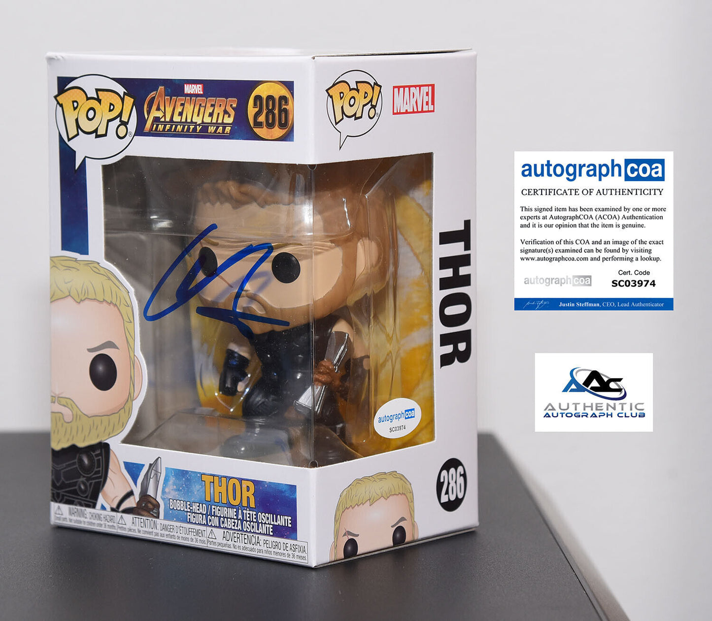 CHRIS HEMSWORTH AUTOGRAPH SIGNED FUNKO POP THOR RAGNAROK MARVEL AVENGERS ACOA