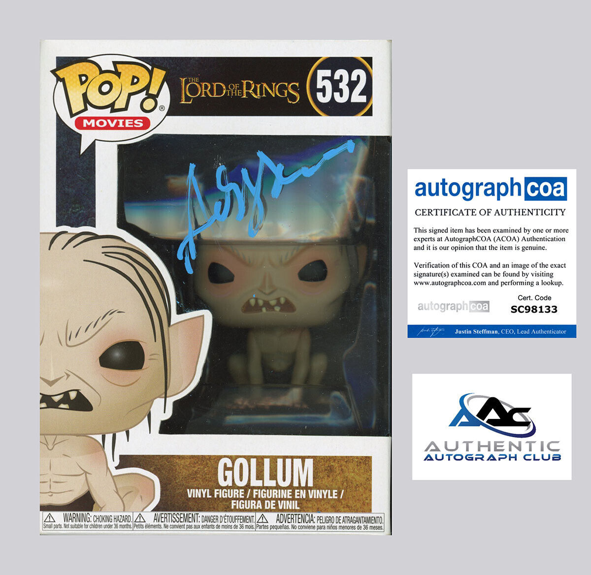 ANDY SERKIS AUTOGRAPH SIGNED LORD OF THE RINGS GOLLUM FUNKO POP 532 ACOA