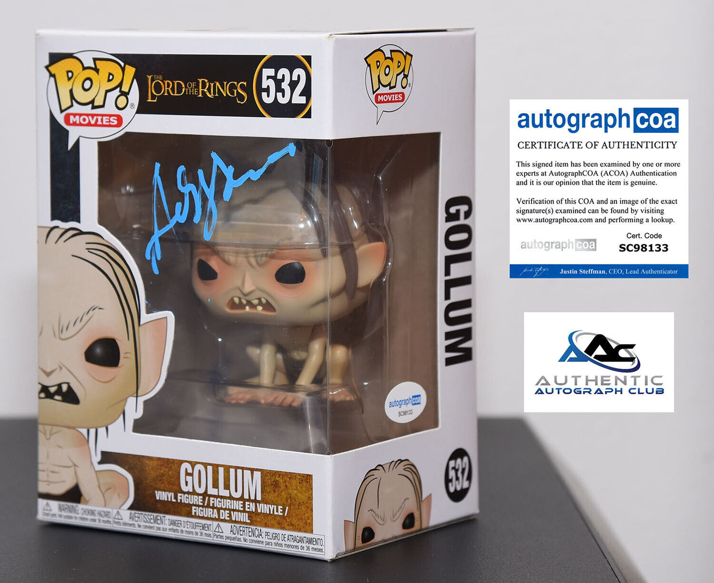 ANDY SERKIS AUTOGRAPH SIGNED LORD OF THE RINGS GOLLUM FUNKO POP 532 ACOA