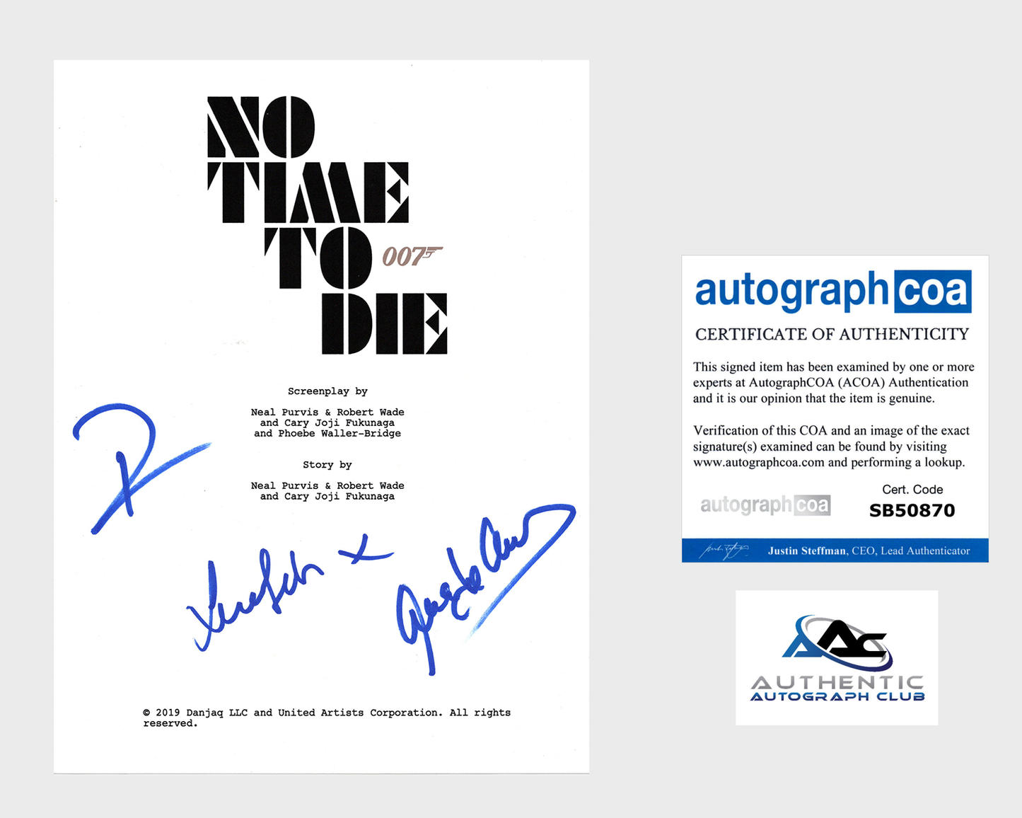 DANIEL CRAIG, ANA DE ARMAS LEA SEYDOUX AUTOGRAPH SIGNED NO TIME TO DIE FULL