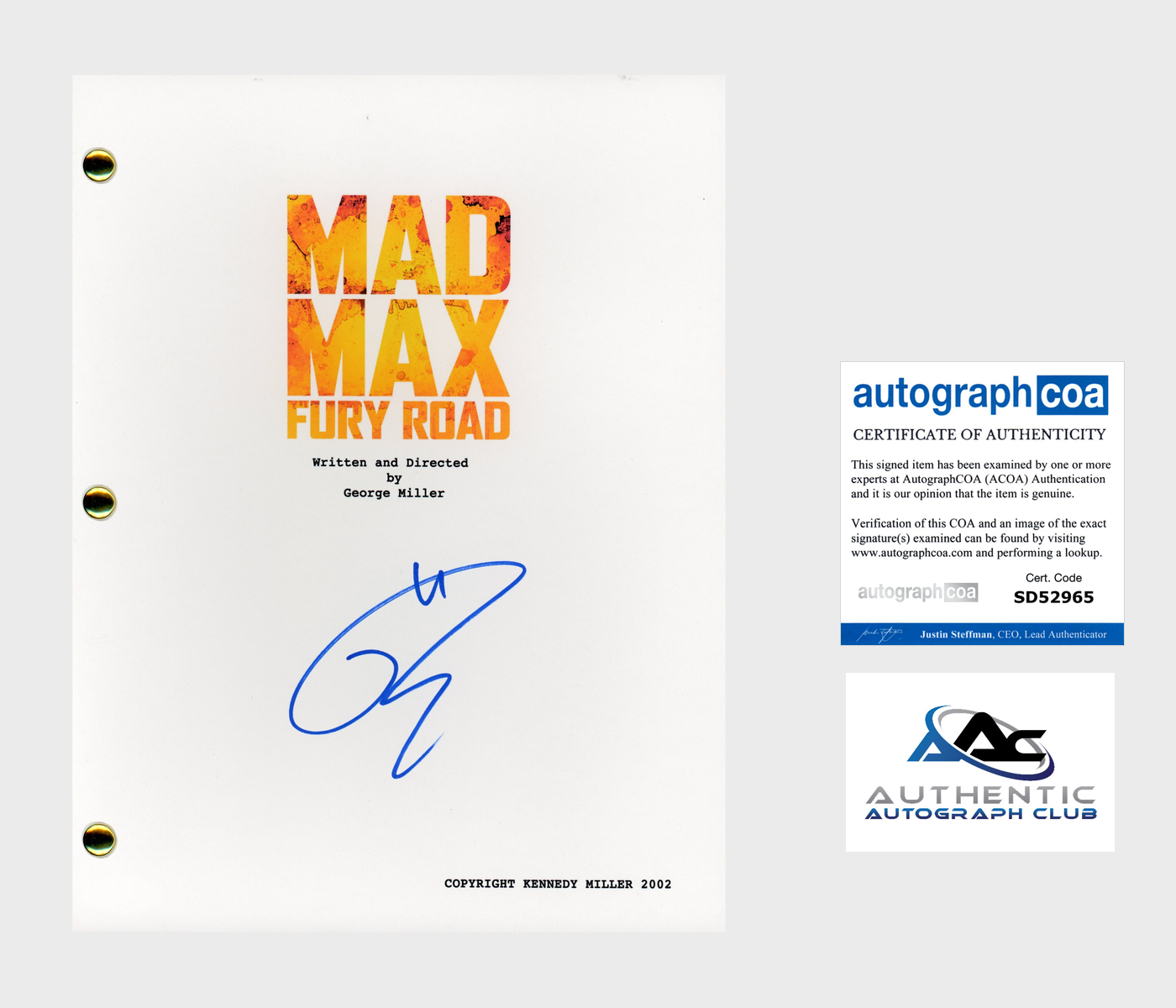 TOM HARDY AUTOGRAPH SIGNED MAD MAX FURY ROAD FULL SCRIPT SCREENPLAY ACOA